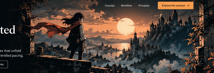 Illustrated character looking across a cinematic landscape